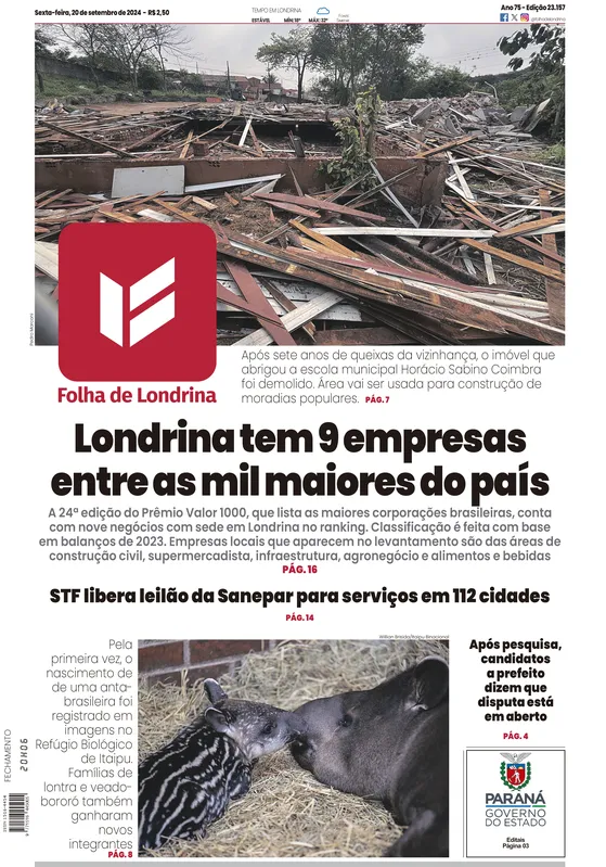 Imagem ilustrativa da imagem Capa 20/09/2024 - Folha de Londrina
