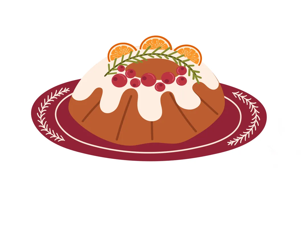 Christmas dishes on the festive table. Traditional food and drinks served during Christmas holidays. Christmas dinner with roast turkey, pork, pastries, champagne. Colored flat vector hand drawn illustration