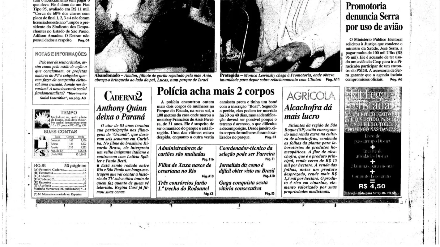 Edição do Estadão do dia 29 de julho de 1998 noticiou a localização do corpo de Elisângela Silva