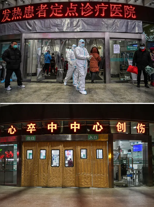 Membros da equipe médica, vestindo roupas de proteção para ajudar a impedir a propagação de um vírus mortal que começou na cidade, caminhando em frente ao Hospital da Cruz Vermelha de Wuhan, em Wuhan, na província central de Hubei, na China