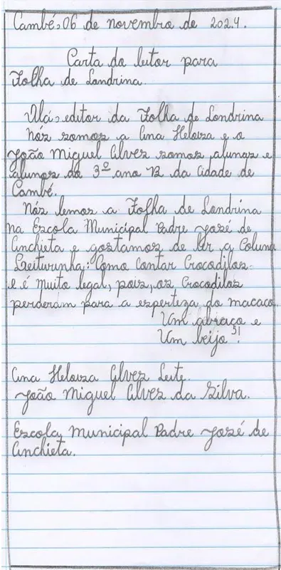 Carta ao Leitor escrita em dupla por Ana Heloísa Alves Leite e João Miguel Alves da Silva elogiando a coluna Leiturinha, publicada semanalmente na Folha Cidadania