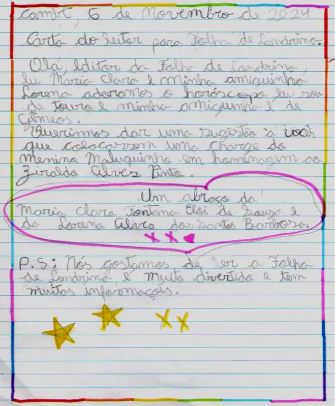 Carta de Maria Clara Fontana, Eloi de Souza e Lorena dos Santos Barbosa pedindo que a Folha publique uma charge do Menino Maluquinho