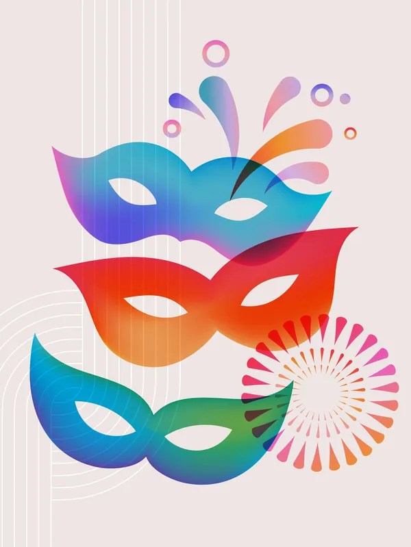 Carnival vertical banners with guitar, masks and fireworks. Colorful vector templates for social media stories.