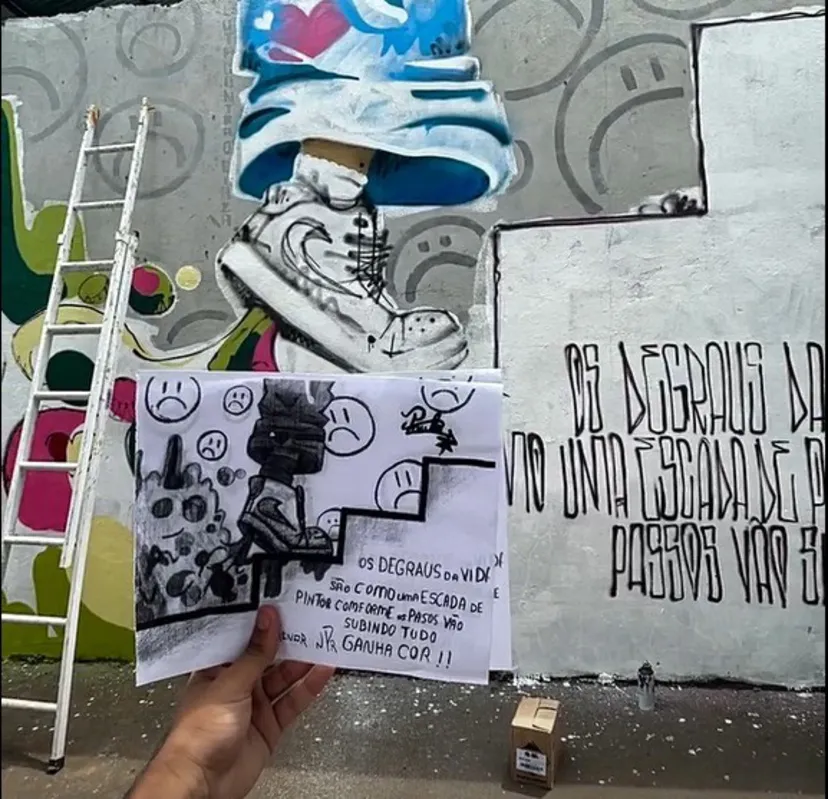 Alunos do Colégio Estadual Professor Thiago Terra, no Jardim União da Vitória, criaram um graffiti com um verso do poema "Degraus", de NPR