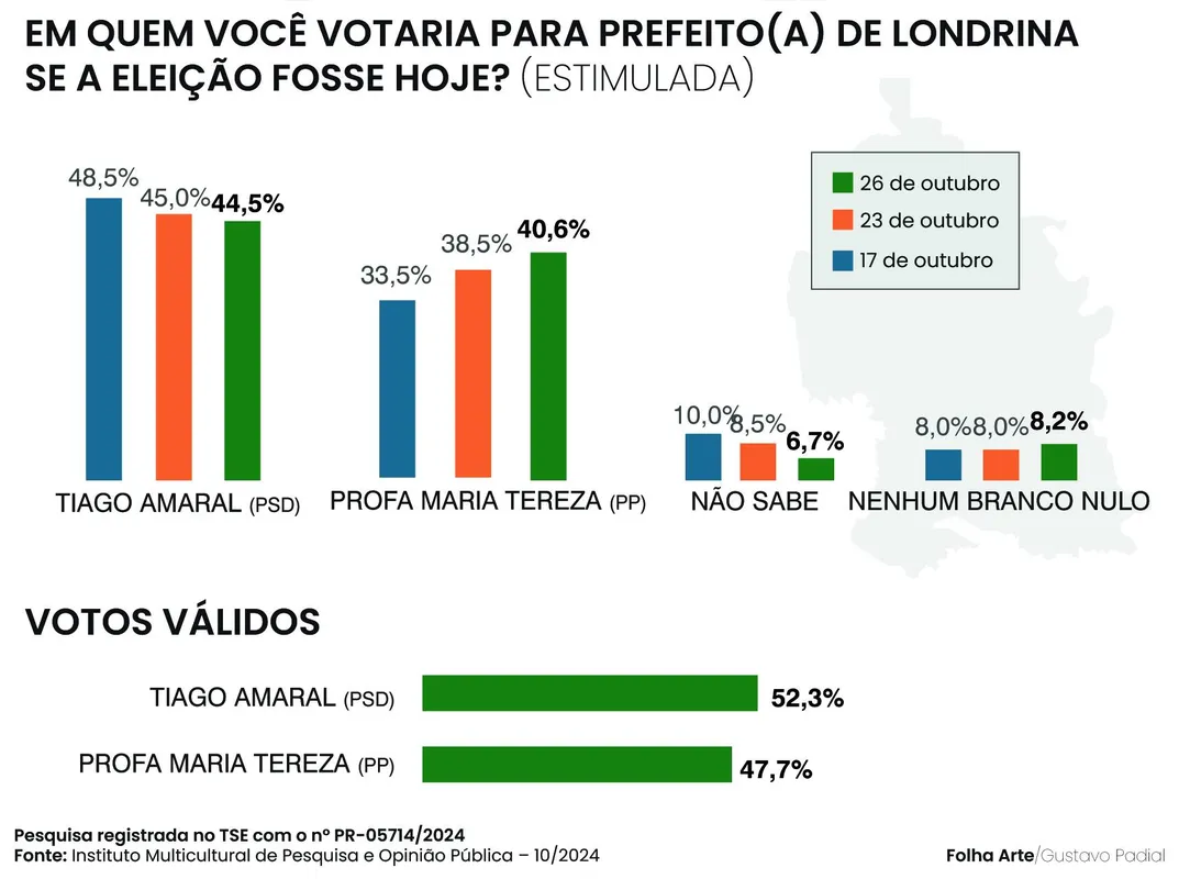 Imagem ilustrativa da imagem Pesquisa mostra empate entre Tiago (44,5%) e Maria Tereza (40,6%)