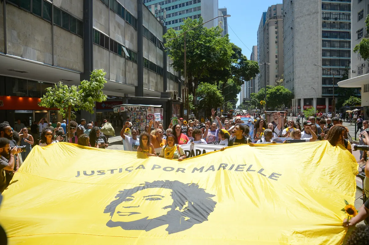 Ato por Justiça realizado em março de 2024 marcou os seis anos do assassinato de Marielle Franco, no centro do Rio de Janeiro