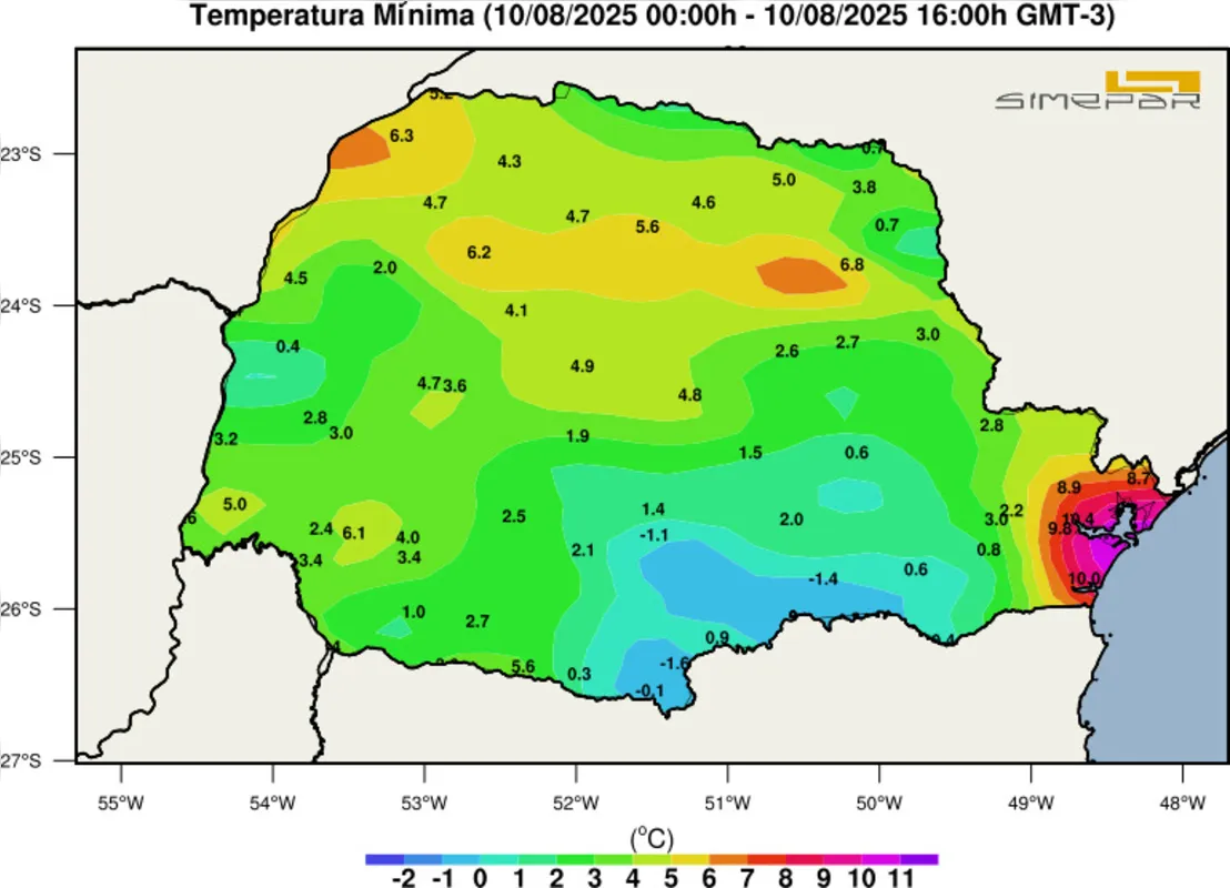 Mapa das temperaturas mínimas no Paraná na madrugada de domingo (10). Foto: Simepar/Divulgação.