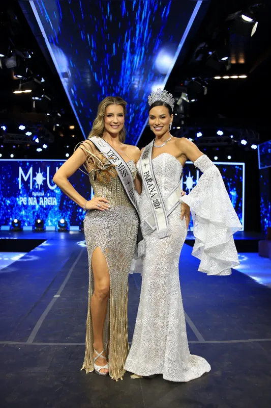 Representando Pato Branco, Laura Fischer foi vice no Miss Universe Paraná: na foto, ela aparece com a Miss Paraná 2024, Taynara Gargantini