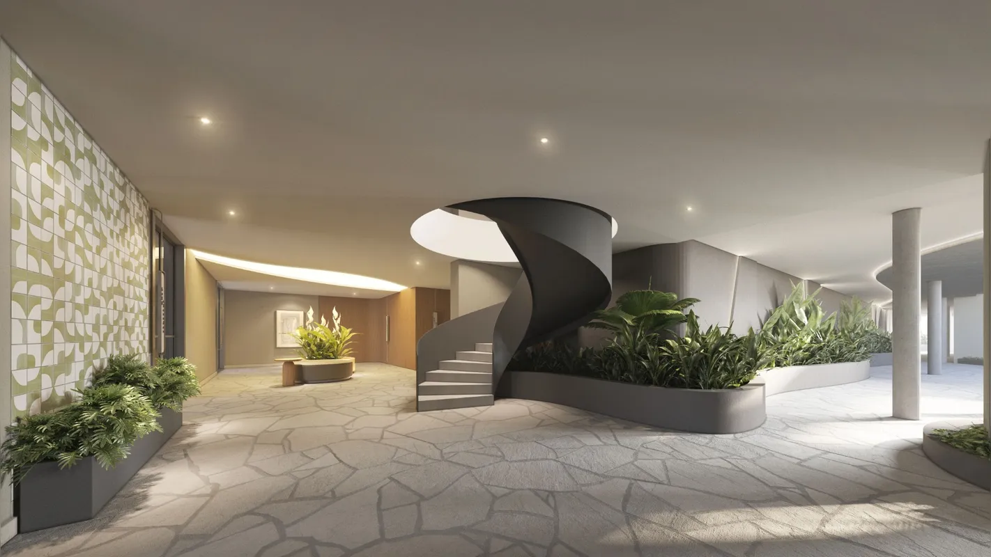 Escada helicoidal, marca da arquitetura de Niemeyer, confere beleza e sofisticação ao hall de entrada de uma das torres do Oscar