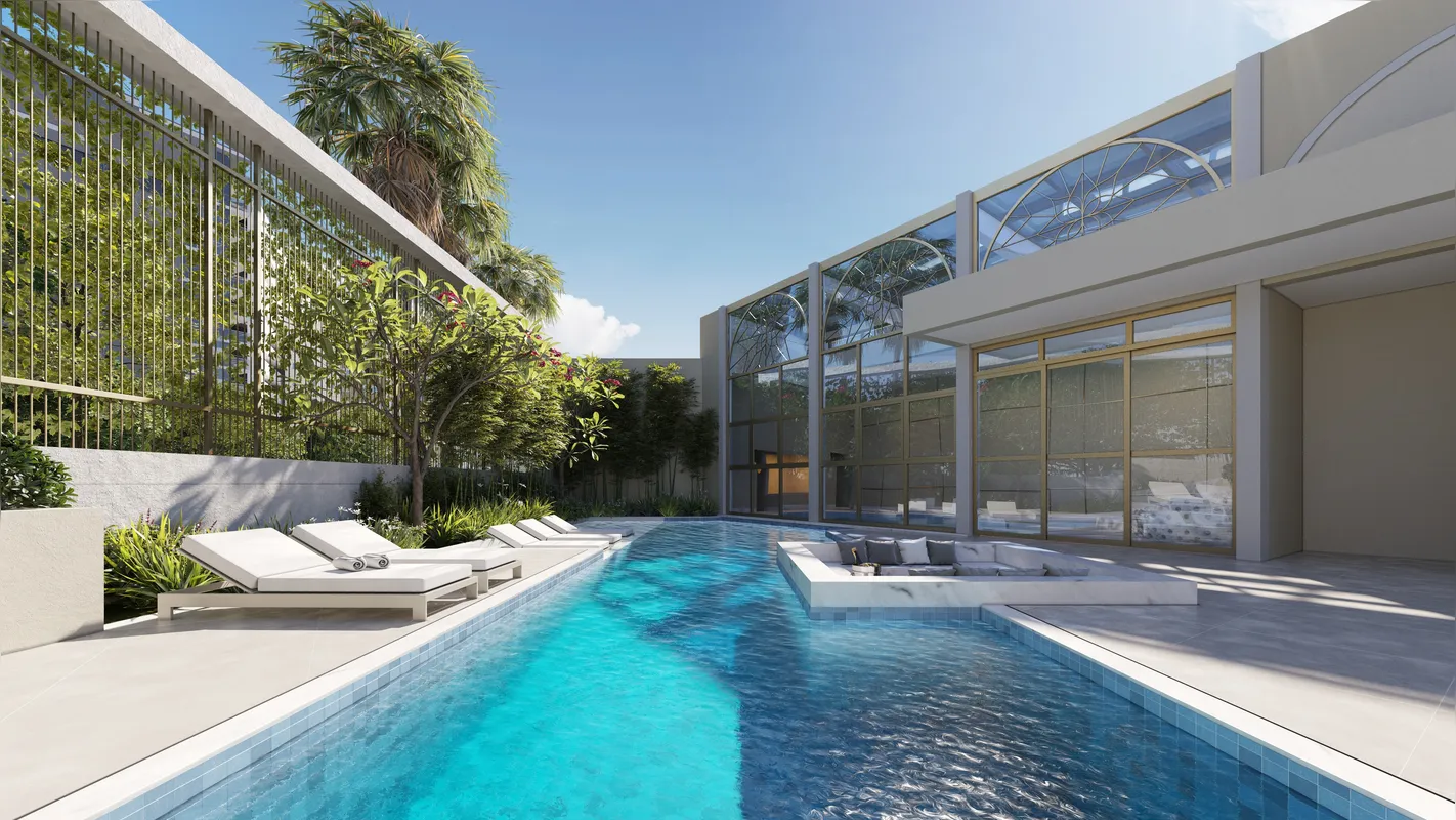 A lareira da piscina externa é um dos destaques do lazer