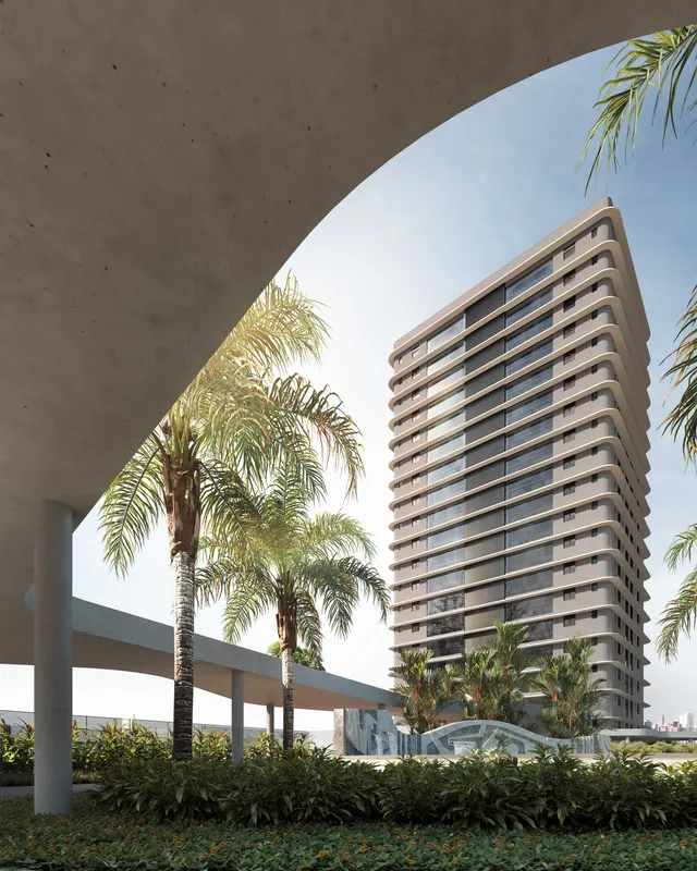 Em primeiro plano, a marquise que conecta todos os espaços. Ao fundo, um dos edifícios do Botânico