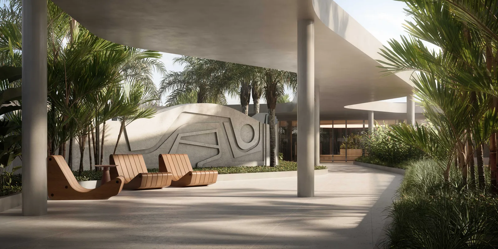 O mural artístico pode ser apreciado tanto no passeio pelo projeto, quanto na piscina