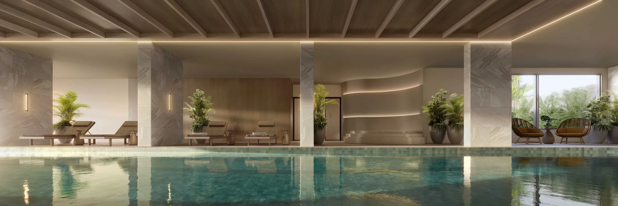 O complexo wellness conta com academia ampla e completa, além de piscina coberta semiolímpica