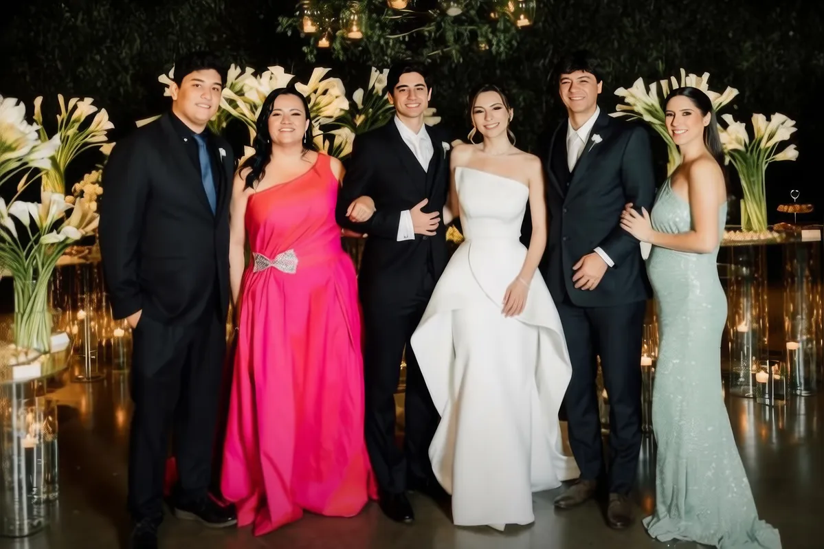 Os noivos entre Lucas Itakura, Patrícia Tofano Soares, Frederico Augusto Soares e Manuela Tófano Soares Itakura