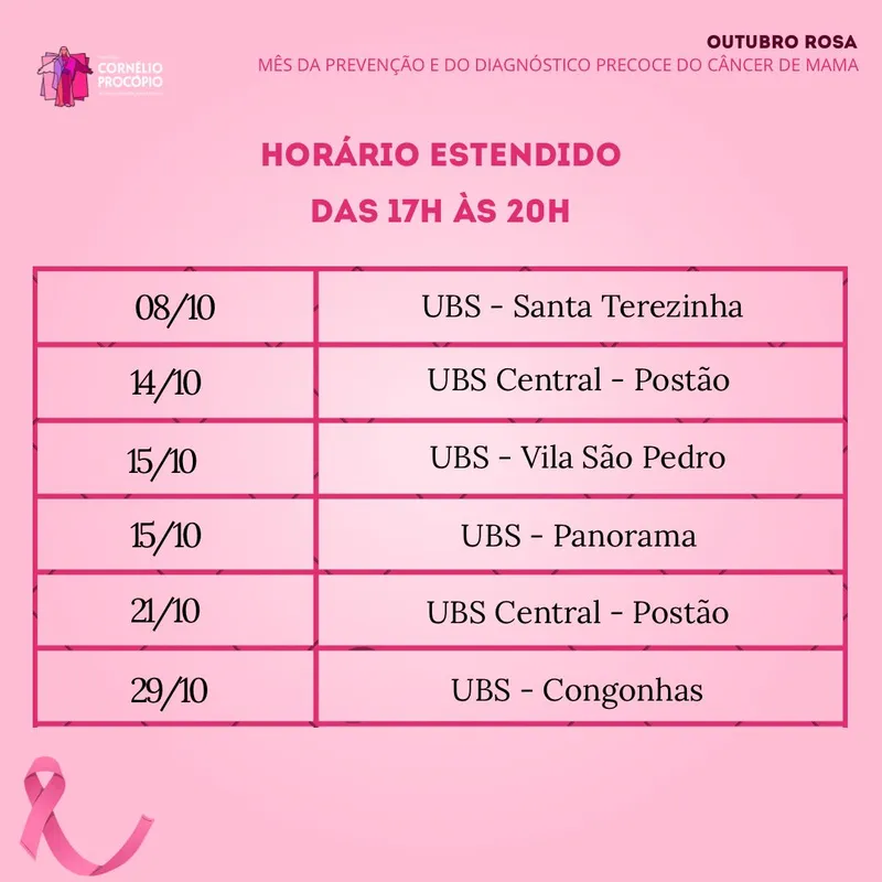 Imagem ilustrativa da imagem UBSs de Cornélio ampliam atendimento para Campanha do Outubro Rosa