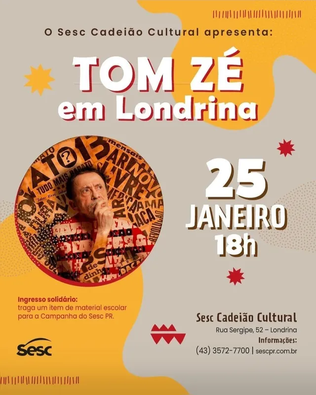 Imagem ilustrativa da imagem Após adiamento, Sesc confirma nova data de Tom Zé em Londrina