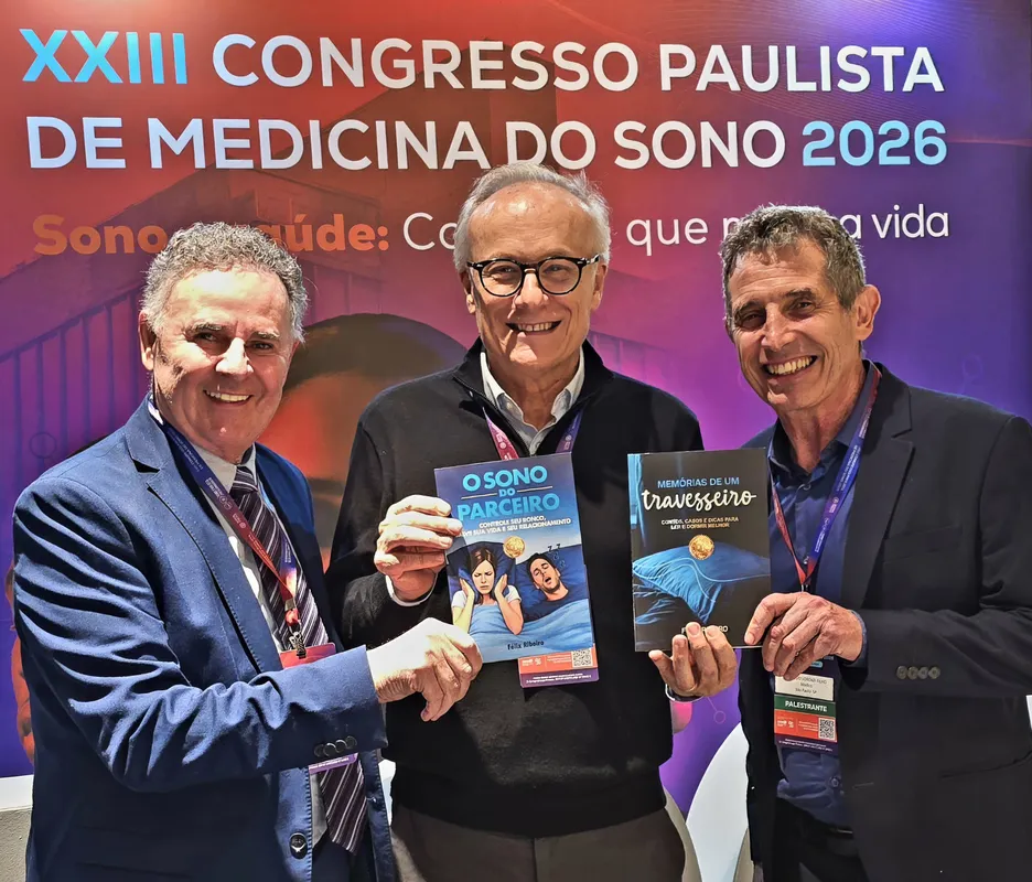 Felix Ribeiro com o doutor Tácito Mistrorigo de Almeida, CEO da Biologix, e o pneumologista doutor Geraldo Lorenzi Filho
