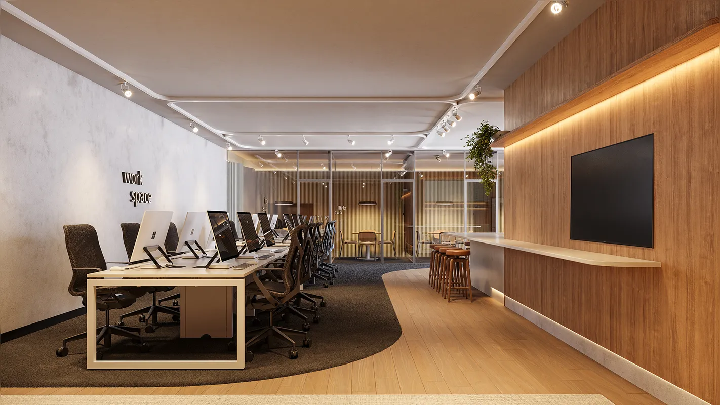 Um dos diferenciais da área comum do empreendimento é o espaço para coworking