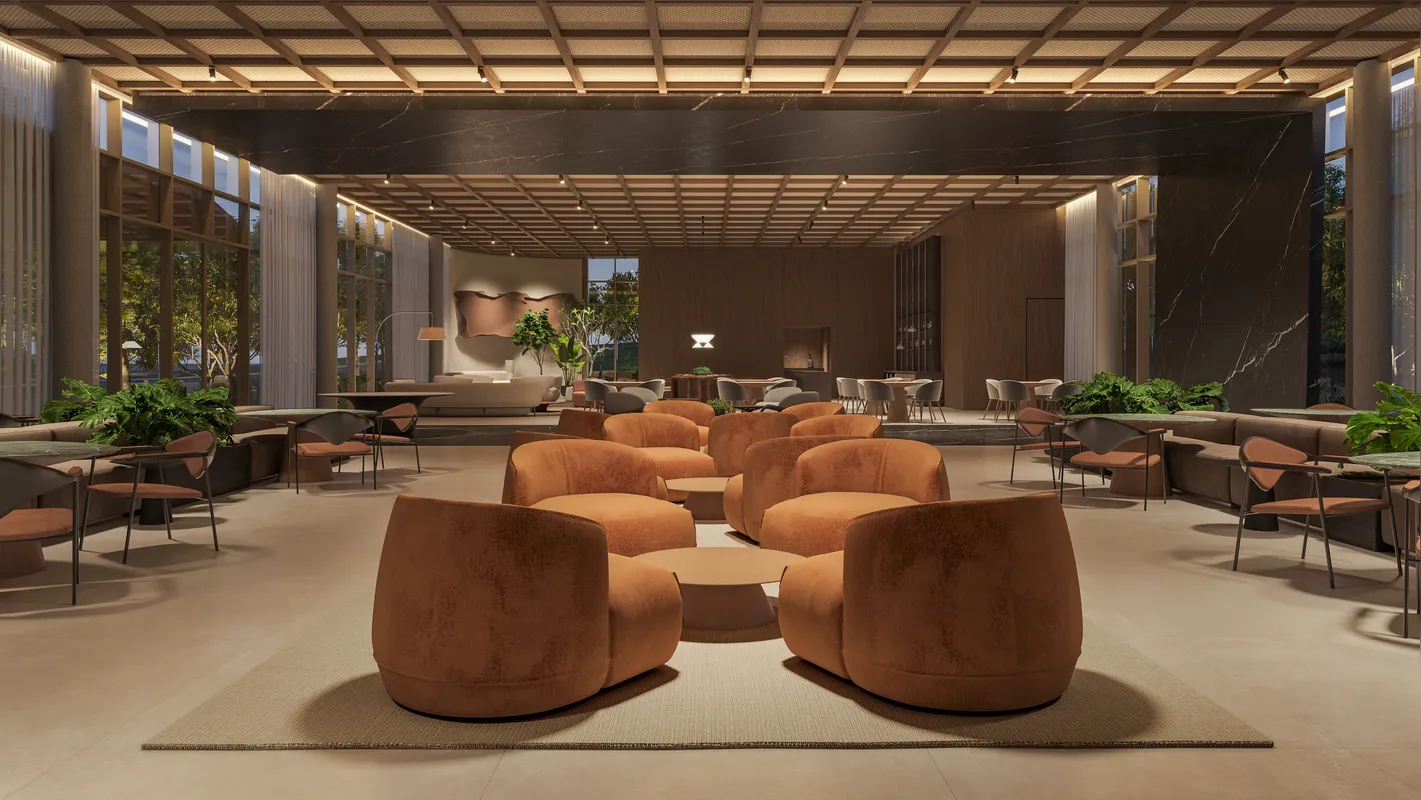 A decoração traz madeiras, rochas naturais brasileiras, tecidos com textura, vidro e acabamentos de aparência orgânica: conexão com a natureza