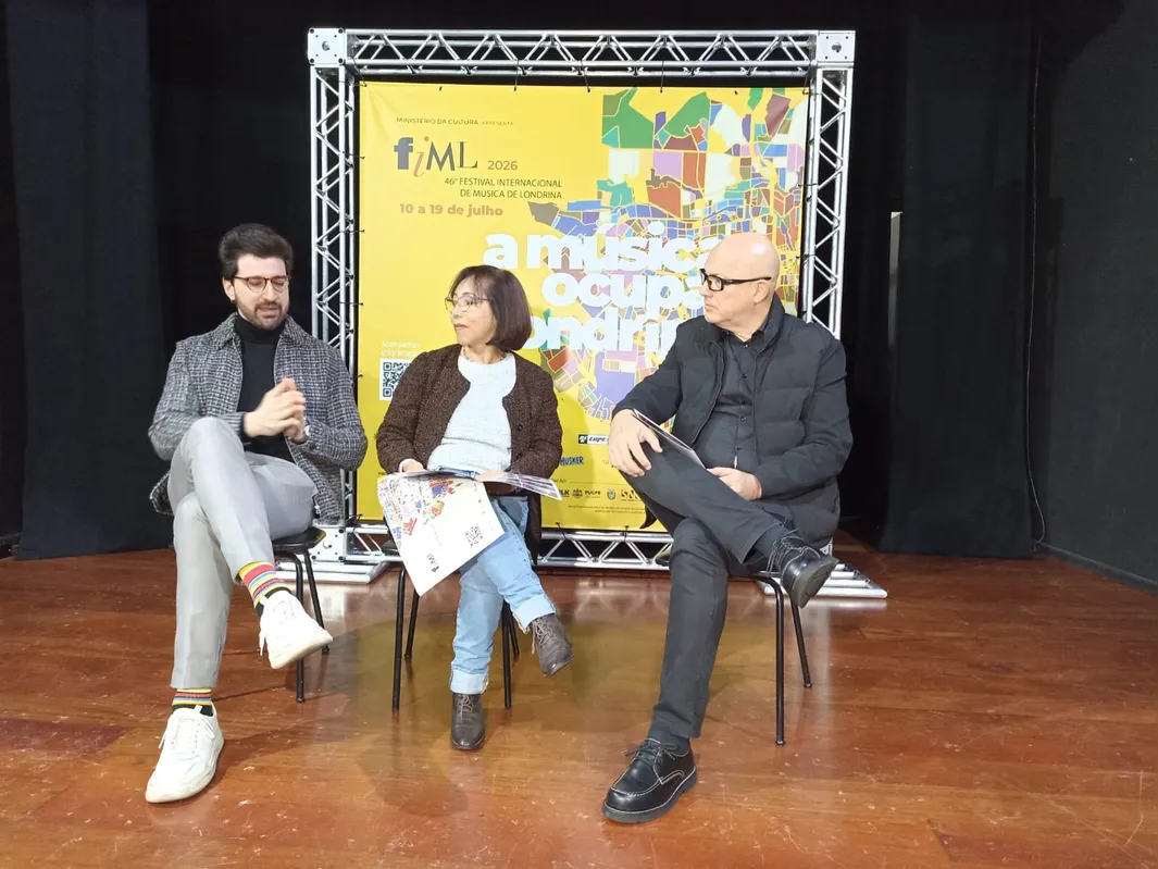 Eduardo Sahão, Magali Kleber e Marcão Kareca na entrevista coletiva do Festival Internacional de Músca de Londrina