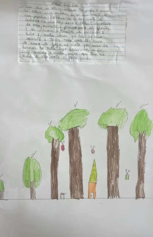 Textos e desenhos produzidos em sala de aula do 5º ano reforçam a importância da preservação ambiental