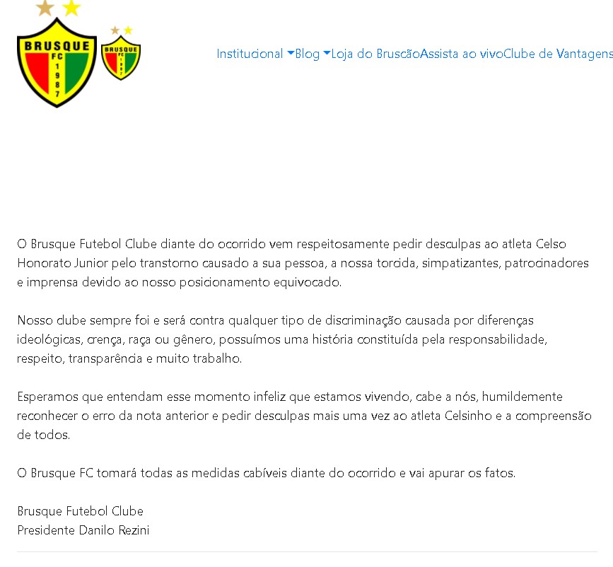 O clube se retratou do primeiro comunicado e pediu desculpas a Celsinho.