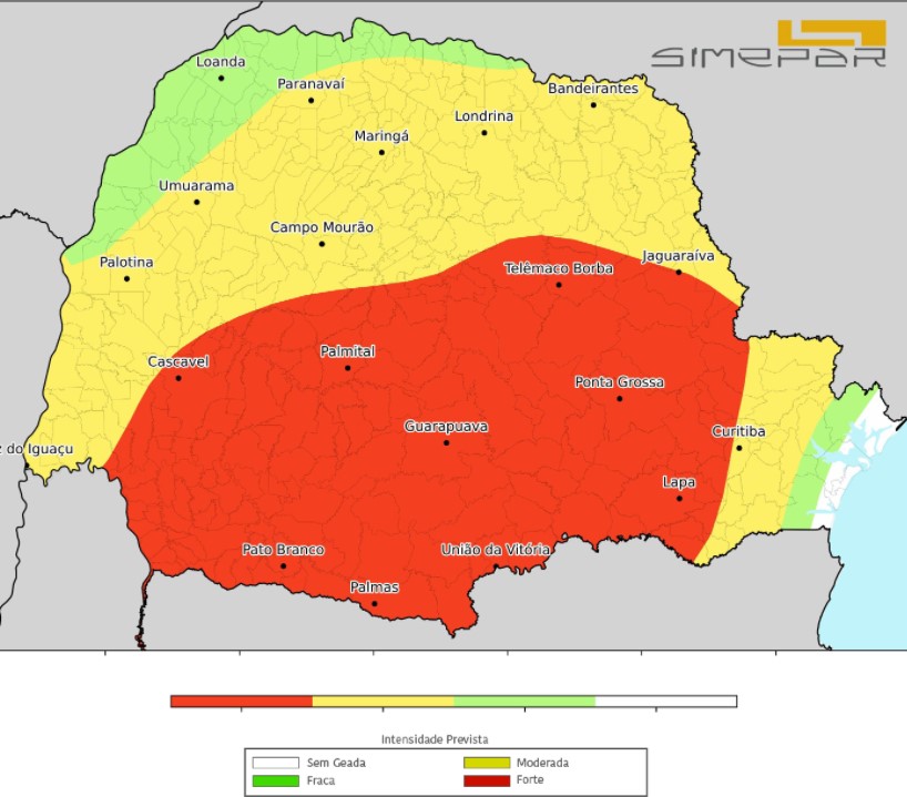 Nesta segunda-feira, a massa de ar frio e seco avança pelas diversas regiões do estado. Assim, as temperaturas apresentam uma queda brusca em todas as regiões com previsão de geada em grande parte do estado. Nas regiões da metade sul, a previsão é de geada moderada a forte, entre o noroeste e norte, há previsão de geada fraca a moderada.